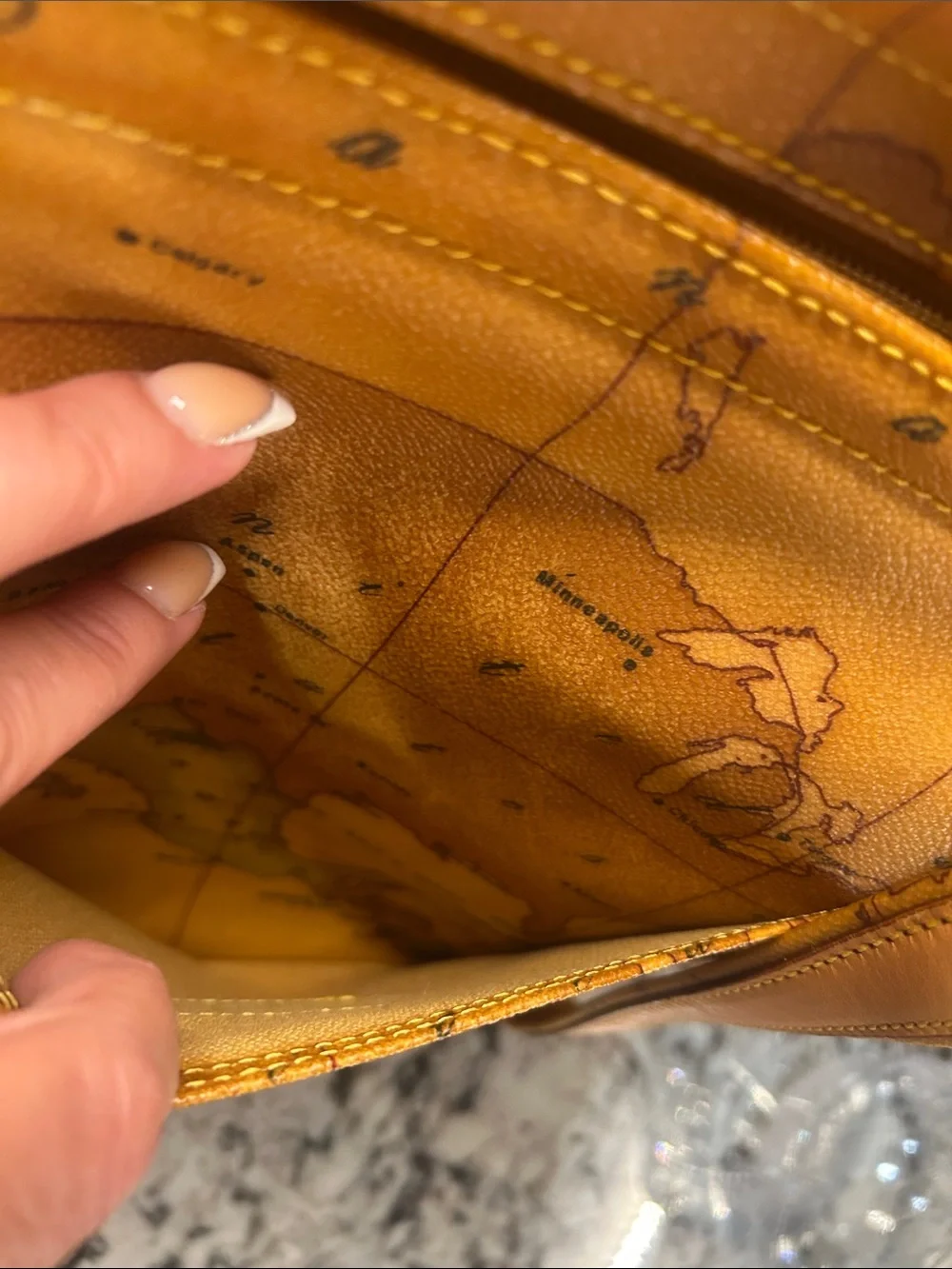 Alviero Martini vtg Tan Map-Print Zip Tote Bag EUC